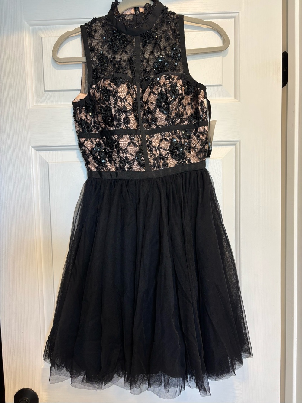 Sherri Hill Black and Nude Lace-Appliqué Tulle Prom Dress